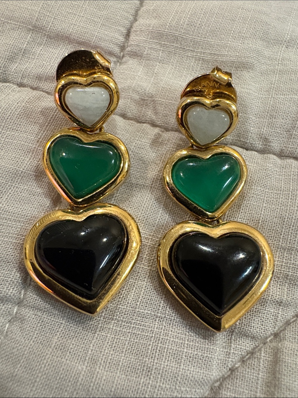 Zimmerman Gold-Tone Triple Heart Drop Earrings Black, Green & White Stone Hearts